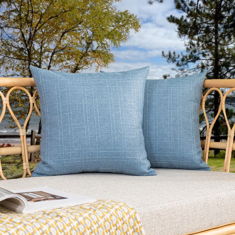 K KEVIN TEXTILE Kevin Textile Pack of 2 Outdoor Waterproof Throw Pillow Covers Decorative Farmhouse Checkered Square Solid Cushion Cases for Patio Garden Porch Sofa Light Blue 18x18 inch - Image 1